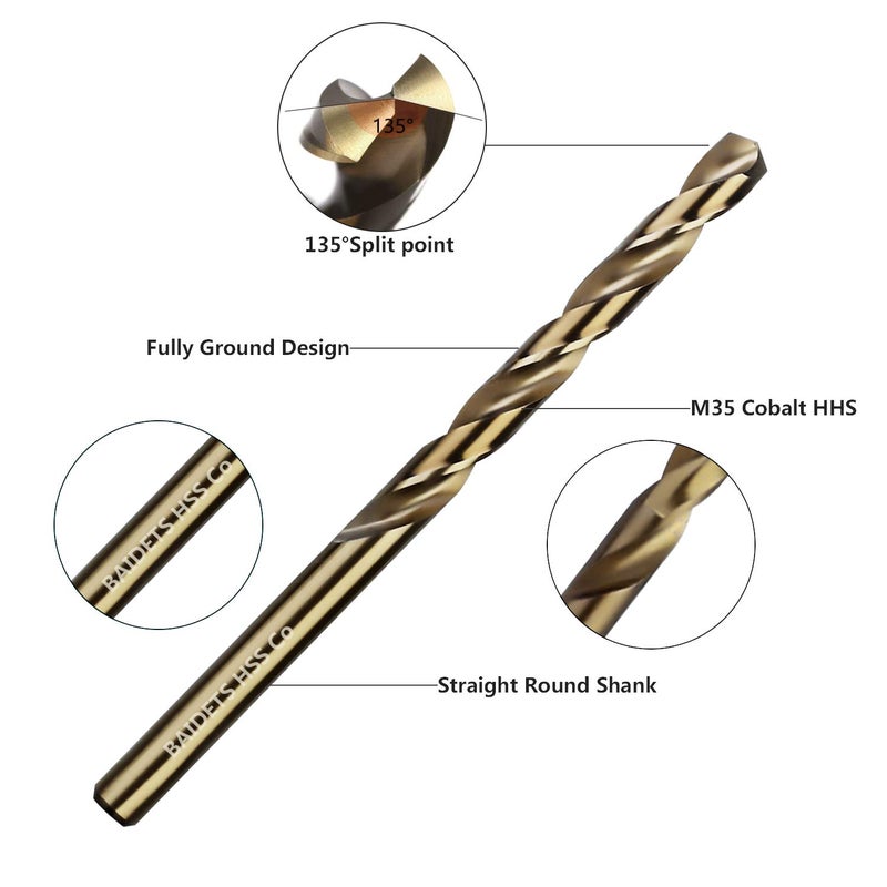 BAIDETS 1/16"-1/4" Cobalt Drill Bits Set 13Pcs - M35 1/16-1/4 Inch HSS Metal Twist Drill Bits Set for Hard Metal, Stainless Steel, Cast Iron, Plastic, Wood, Other Materials - Image 2